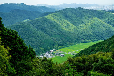 High angle view of trees and mountains