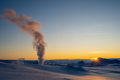 Snow on land against sky during sunset