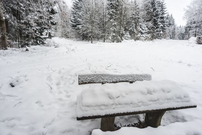 Snow covered bench on field during winter