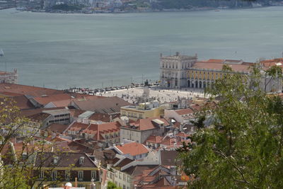 High angle view of town against sky