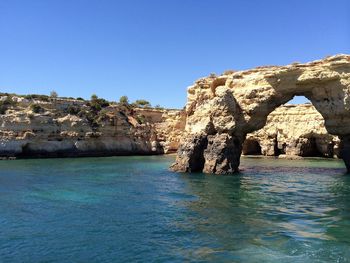 Scenic view of sea against clear blue sky