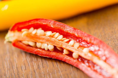 Close-up of hot dog on table