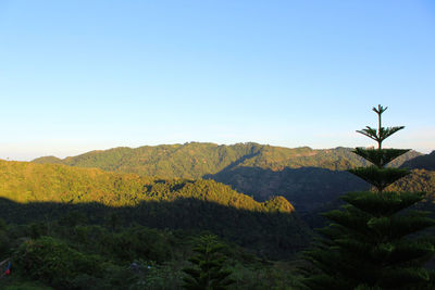 Scenic view of mountains against clear blue sky