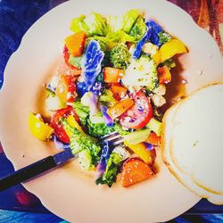 High angle view of fruits in plate on table