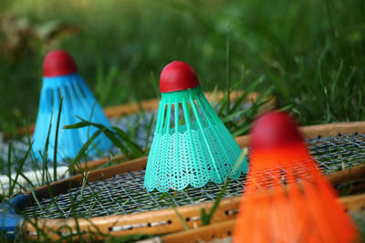 Close-up of multi colored umbrella on table