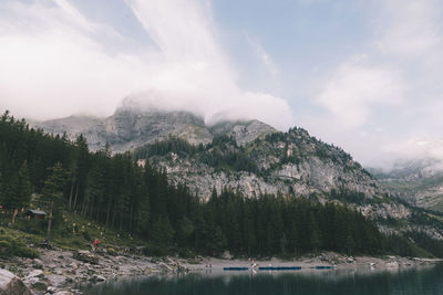 Panoramic view of trees and mountains against sky