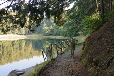 People walking on footbridge in forest