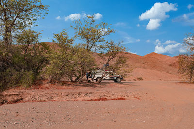 View of horse cart on land against sky