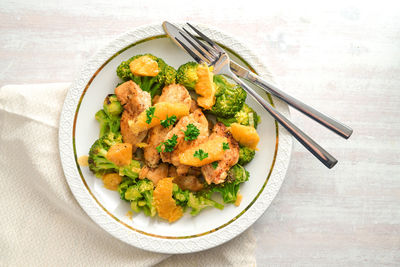 High angle view of food in plate on table