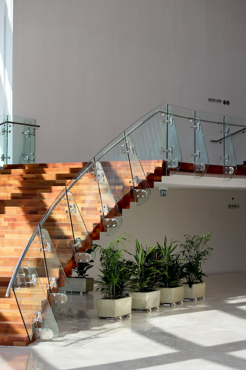 architecture, staircase, nature, stairs, built structure, no people, indoors, railing, ship, sunlight, day, plant, steps and staircases, business, industry, houseplant