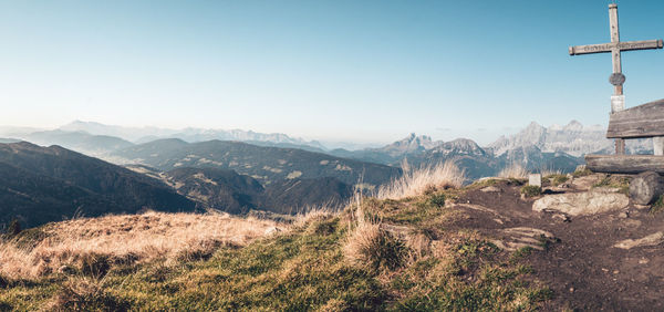 Scenic view of mountains against clear sky