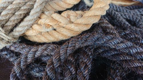 High angle view of ropes tied on rope