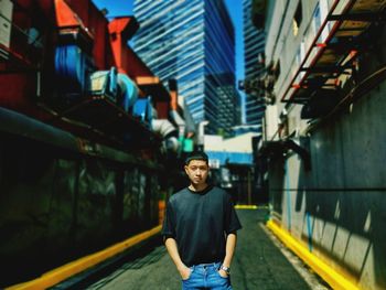 Portrait of young man standing in city