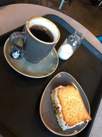 High angle view of breakfast served on table