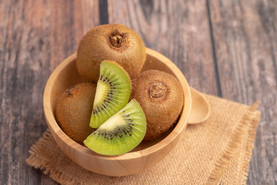 High angle view of fruits in bowl on table