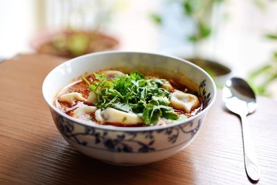 Close-up of soup in bowl on table