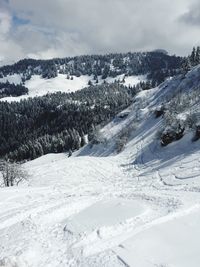 Scenic view of snow covered mountains