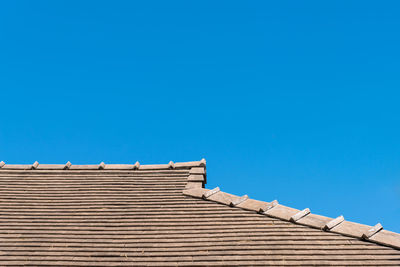 Low angle view of building roof against clear blue sky