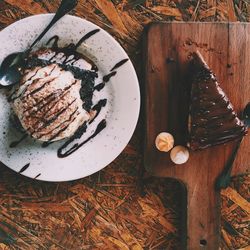 High angle view of dessert served on table