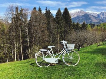 Bicycle parked on field against trees