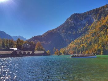 Scenic view of lake by trees against clear sky