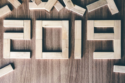 High angle view of wooden table