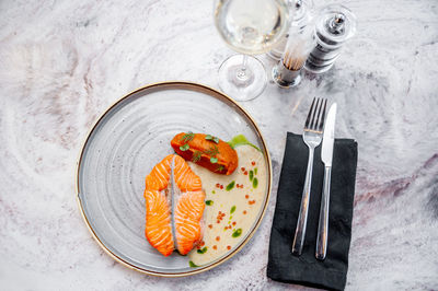 High angle view of food in plate on table