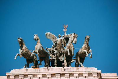 Low angle view of statue against clear blue sky