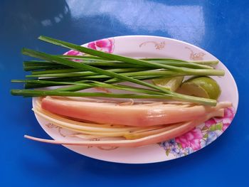 High angle view of vegetables in bowl on table