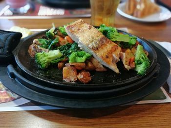 High angle view of food in plate on table