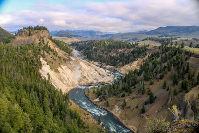 High angle view of river amidst landscape against sky