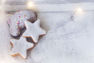 High angle view of cookies on table