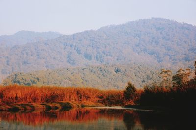 Scenic view of lake with mountains in background