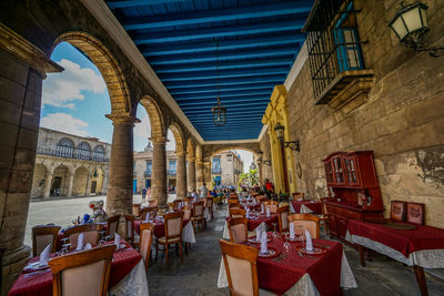 Group of people in restaurant against buildings in city