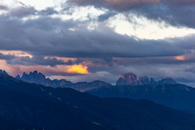 Scenic view of mountains against sky at sunset