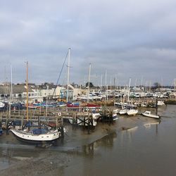 Boats moored at harbor