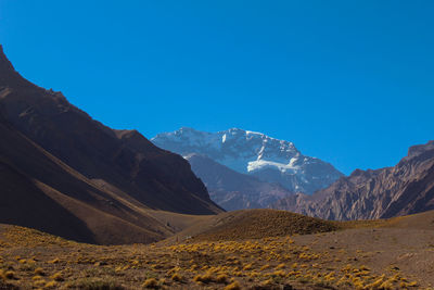 Scenic view of snowcapped mountains against clear blue sky