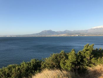 Scenic view of sea against clear blue sky