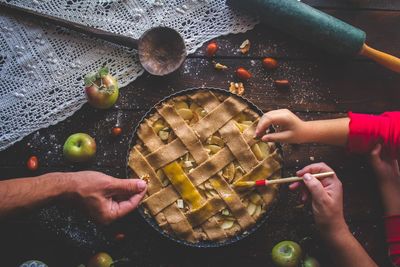 High angle view of people preparing food