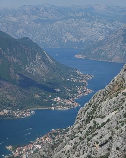 High angle view of sea and mountains