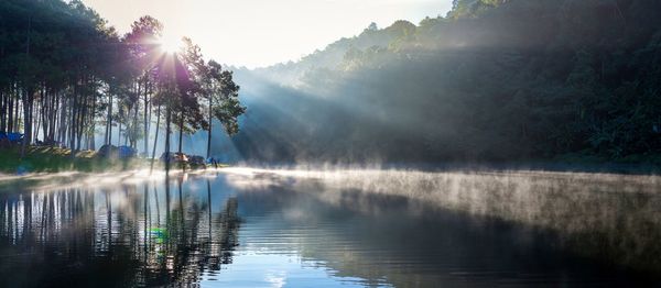 Lake view on morning in the mountain with pine trees , camping tent and fog flow over.