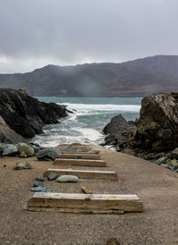 Scenic view of sea and mountains against sky