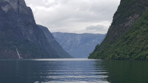 Scenic view of lake against cloudy sky