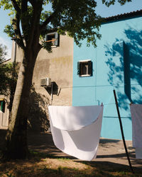 Low angle view of built structure against trees