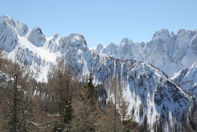 Panoramic view of snowcapped mountains against clear sky