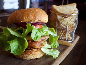 Close-up of burger on table