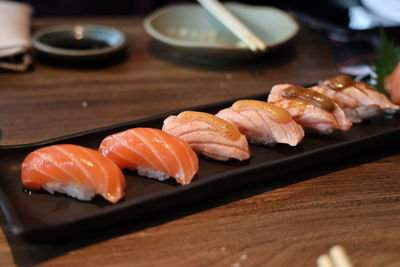 Close-up of sushi served on table