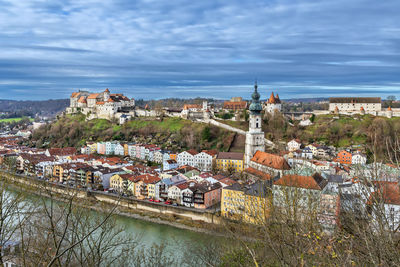 View of burghausen and castle from the hill across salzach river, germany