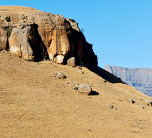 Rock formations on landscape against clear blue sky