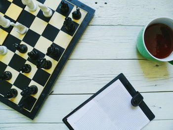 High angle view of coffee cup on table